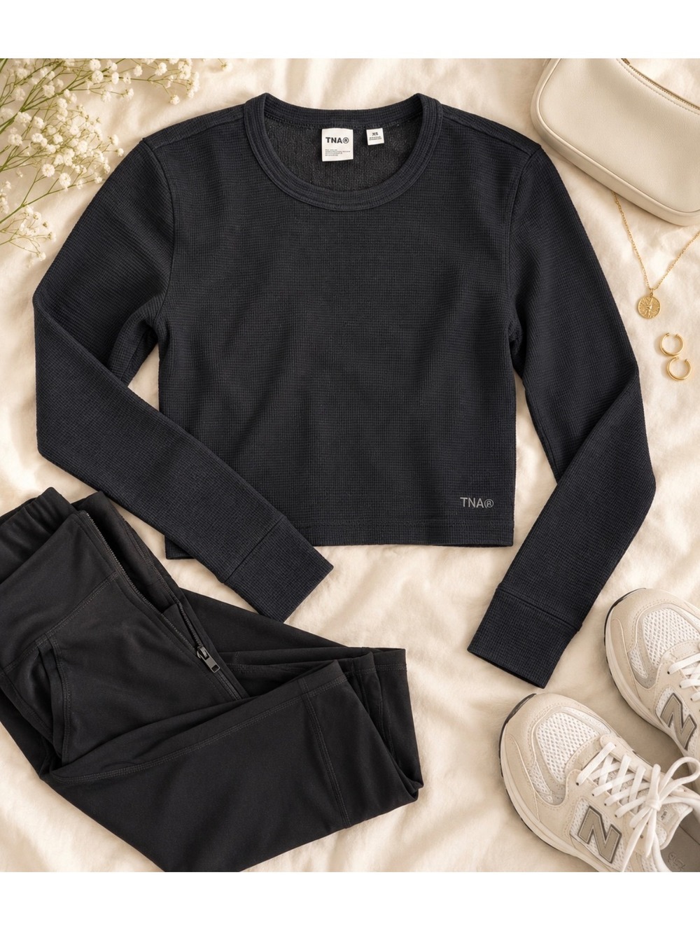 TNA Black Waffle Knit Long Sleeve Cropped Top XS Aritzia Thermal Shirt